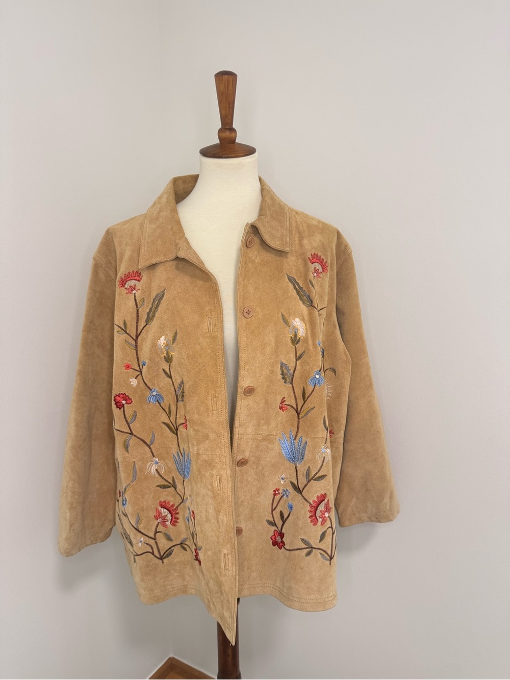 Cottage Core Embroidered Tan Suede Jacket - Women's Lightweight Coat